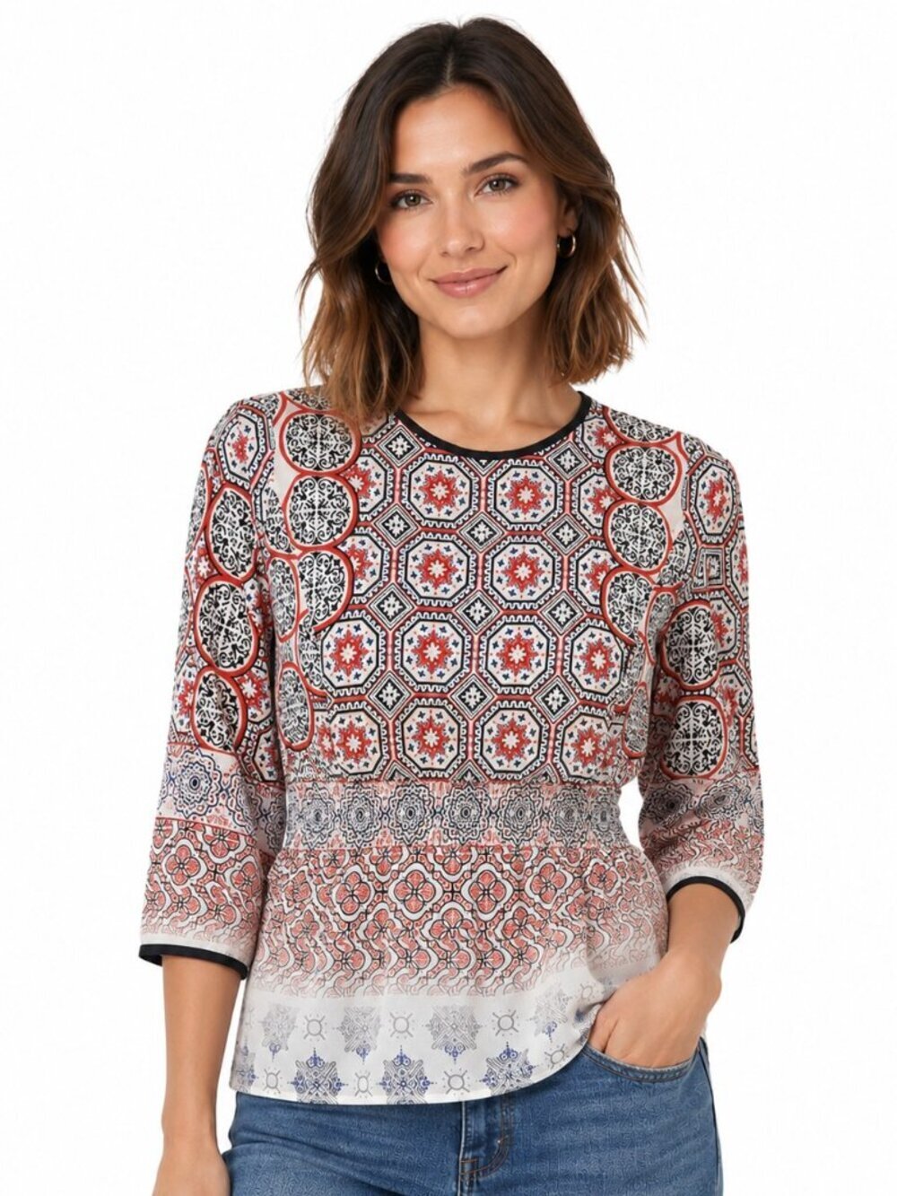 Shoshanna Red Blue Black Print Smock Waist Silk Top